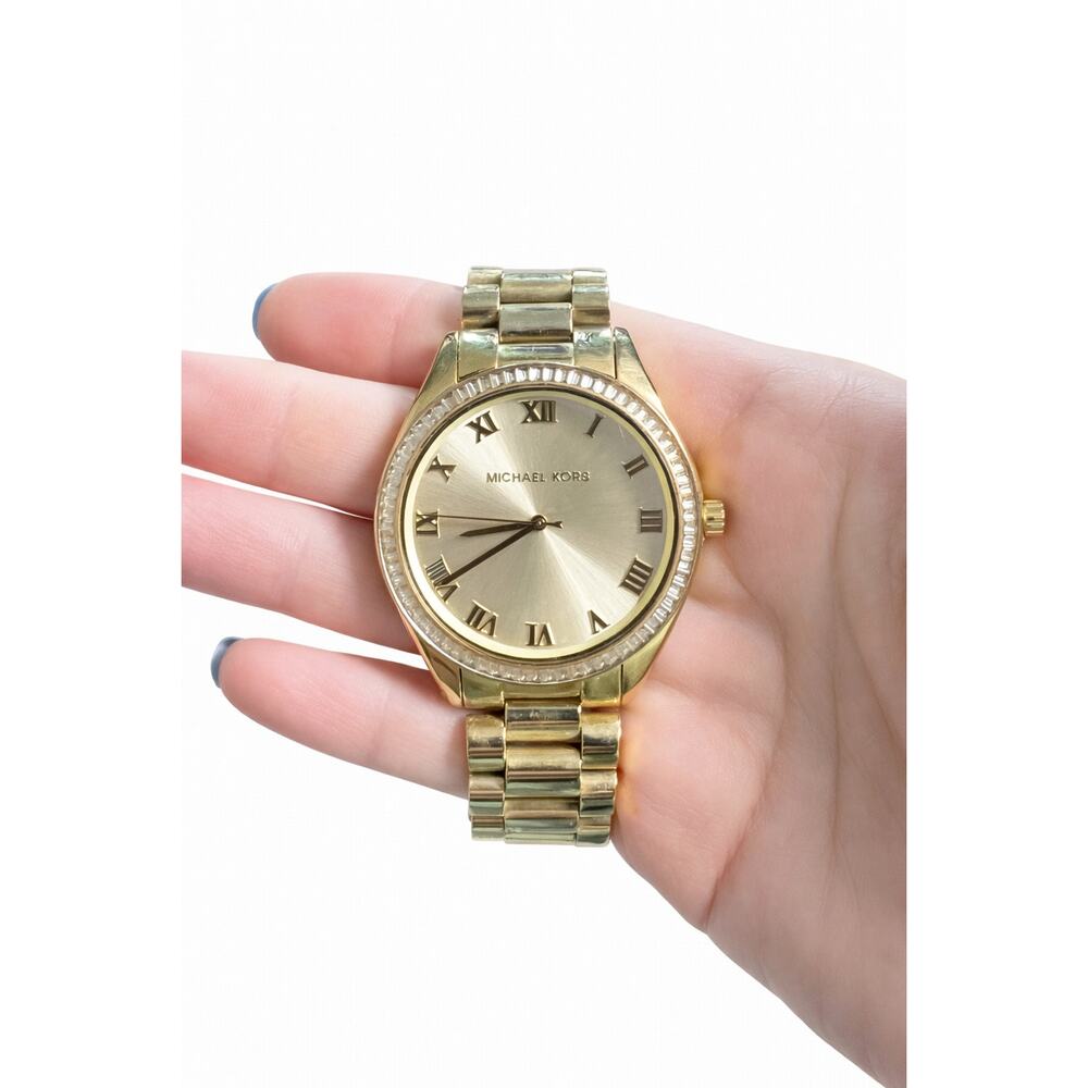Michael Kors Gold Tone Watch Roman Numeral Crystal Bezel Needs Battery